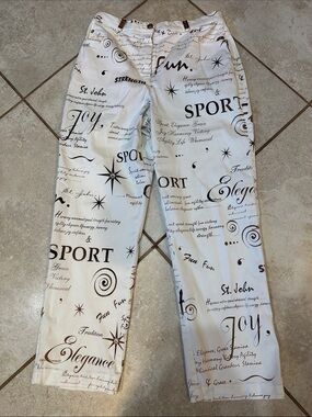 St. John Sport White Script Logo Allover Print Straight Leg Pants 6
